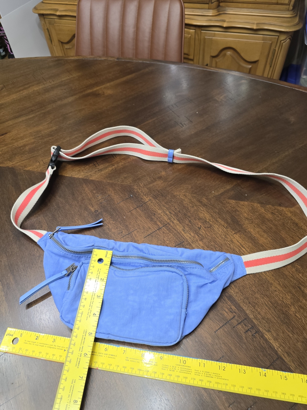 Blue Nylon Crossbody Waist Bag with Striped Adjustable Strap